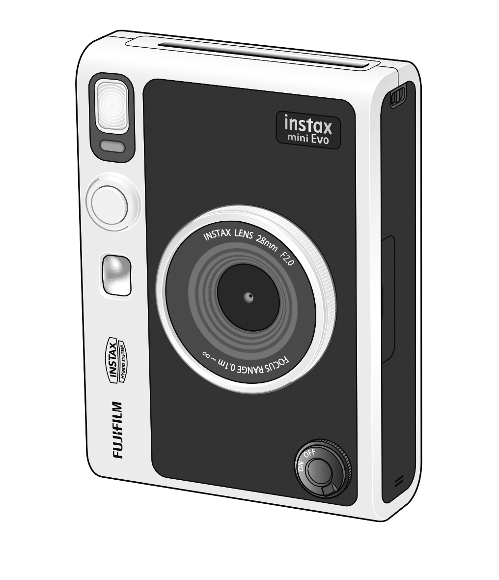 Illustration of a Fujifilm Instax Mini Evo instant camera with a black front and white sides.