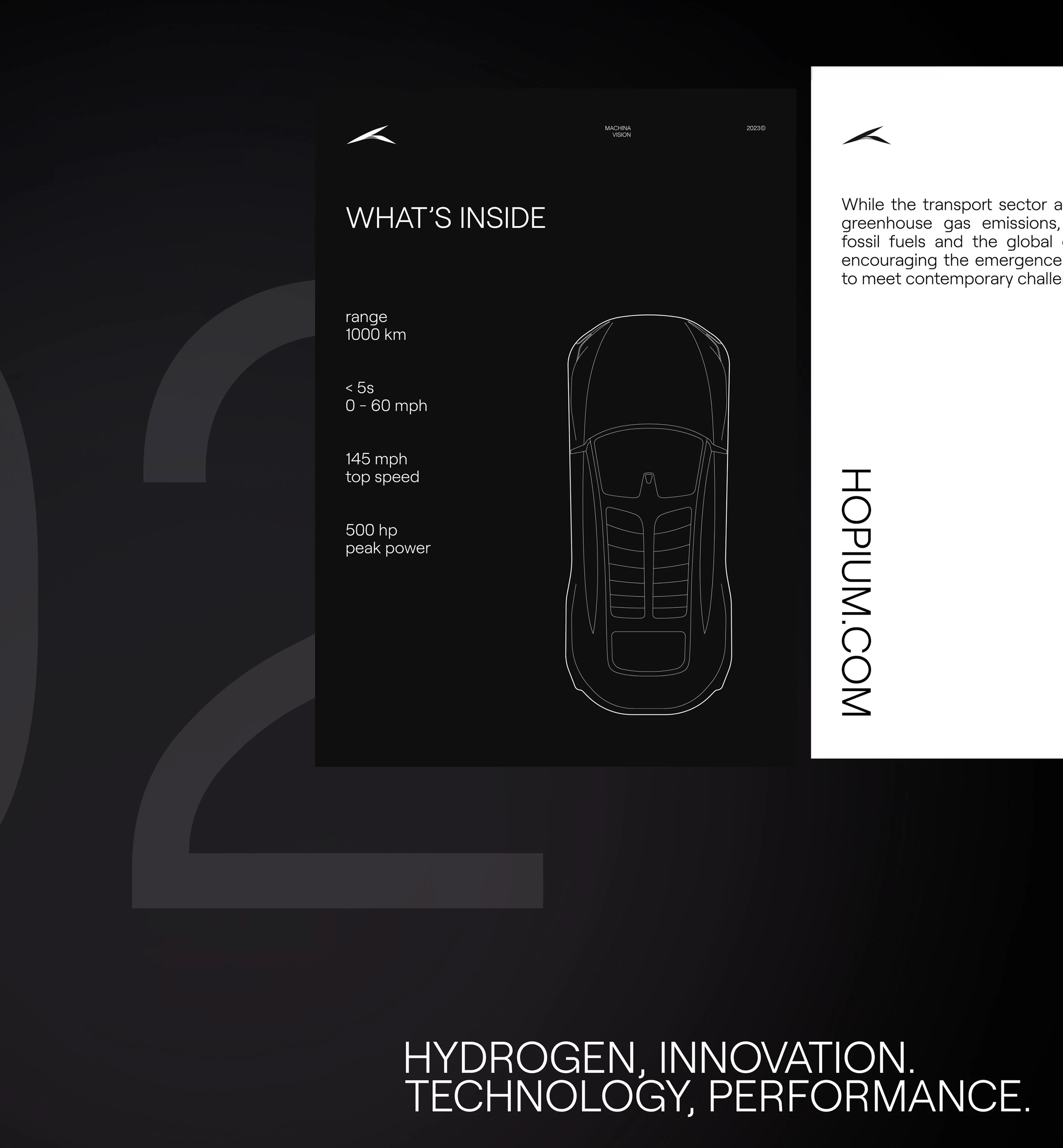 Infographie présentant les caractéristiques d'une voiture à hydrogène, incluant sa portée, sa vitesse maximale, sa puissance, son design, et le site web hopium.com.