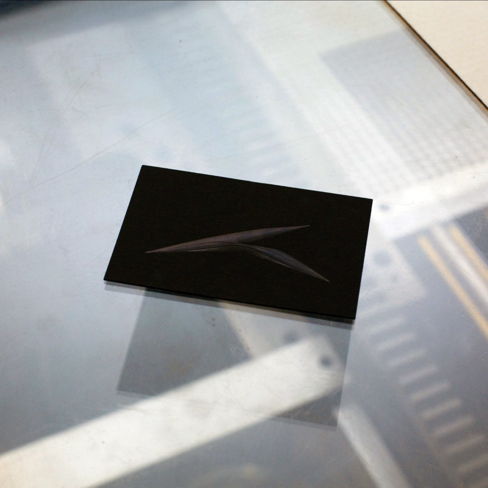 Une carte ou une brochure noire avec une image de deux plumes ou feuilles stylisées, posée sur une surface réfléchissante en métal.