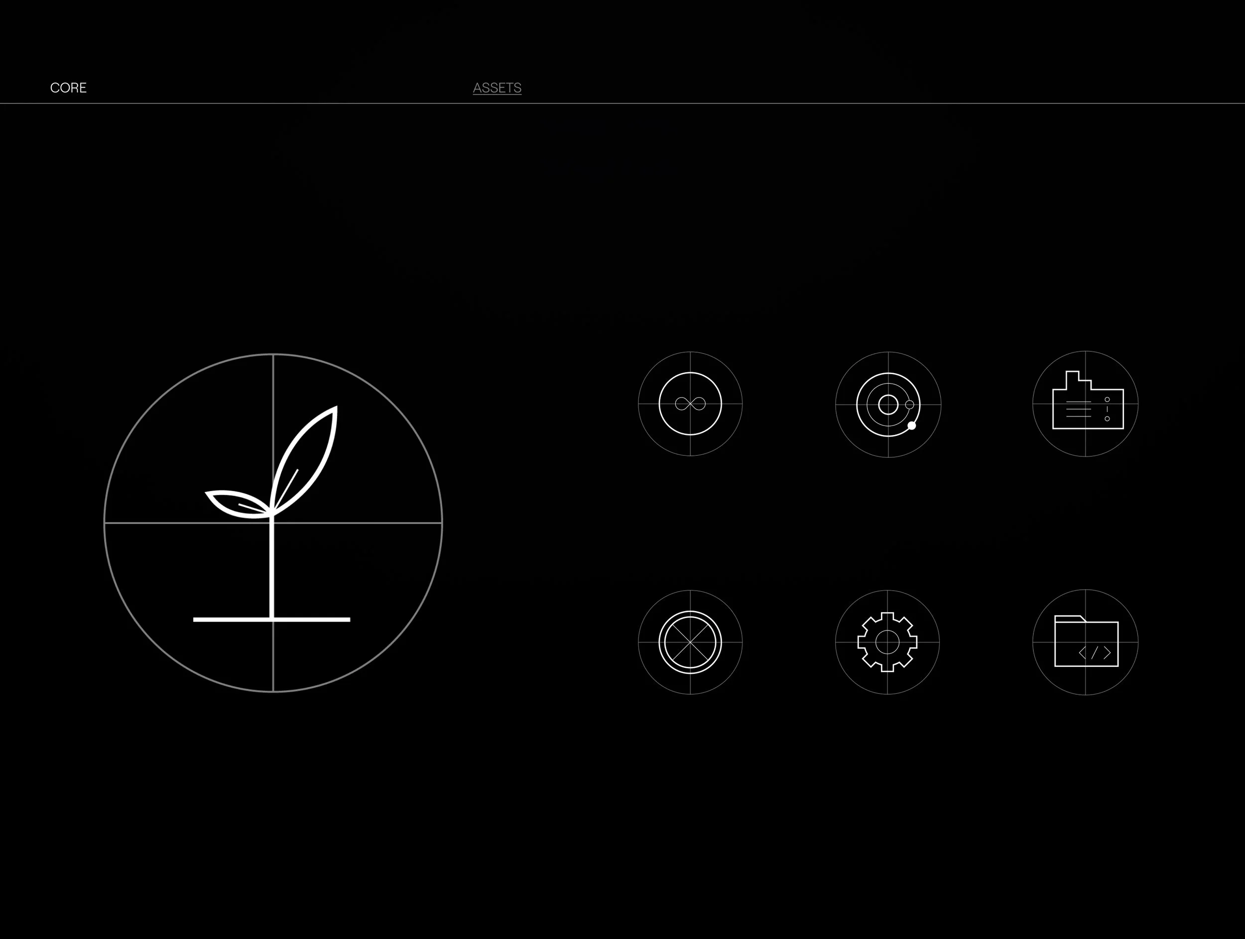 Interface graphique avec icônes blanches sur fond noir, représentant des éléments liés à l'actif, la configuration et le développement. Icône centrale d'une plante dans une cible.