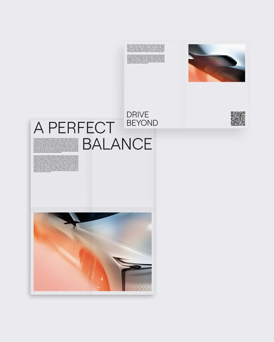 Page de magazine avec le titre 'A Perfect Balance' et un article, accompagnée d'une photo de voiture moderne, en couleur avec reflets et lignes épurées.
