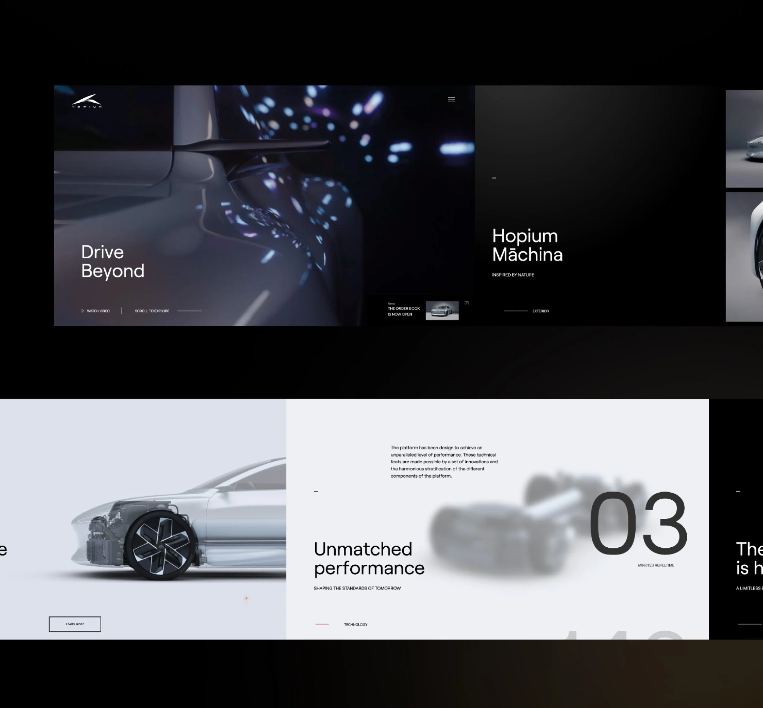 Page de présentation de voiture de luxe avec images de la carrosserie, du moteur et de détails techniques, texte en anglais et en français.