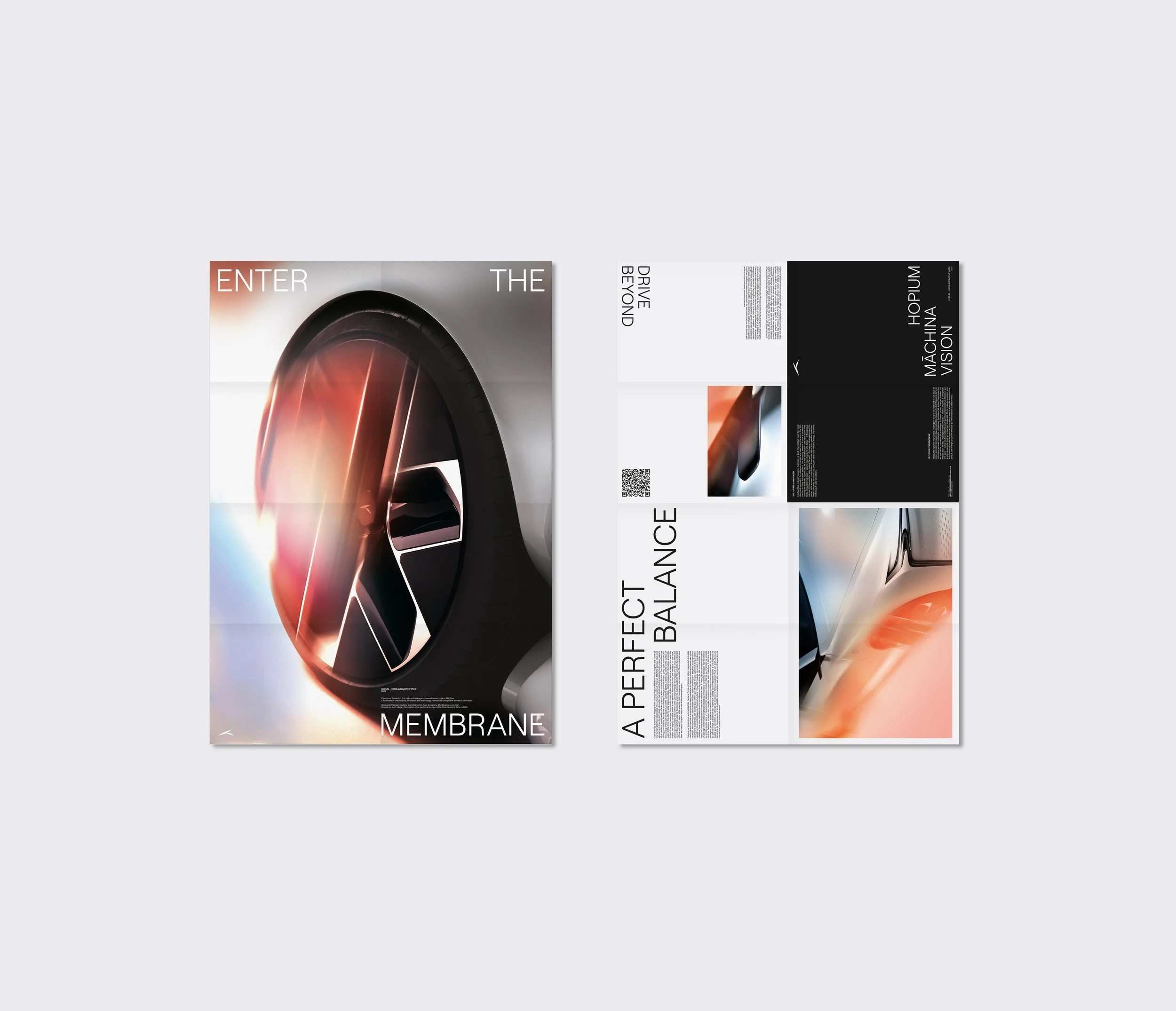 Une affiche de véhicule futuriste avec un design innovant, mettant en avant la technologie de membrane pour la stabilité et la technologie de conduite autonome.