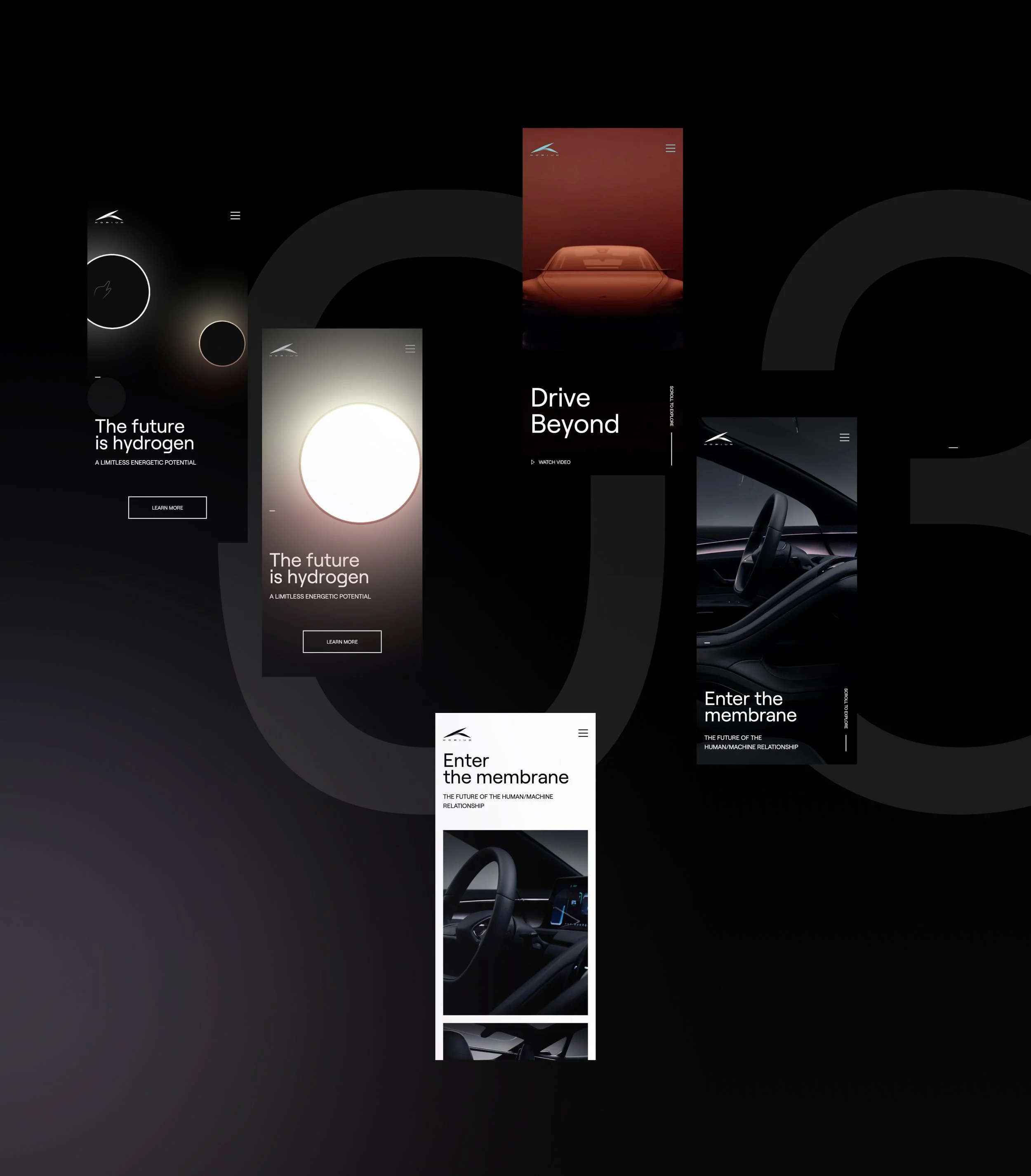 Différentes maquettes de sites web ou applications liés à une voiture électrique, avec des thèmes sur l'hydrogène, l'avenir, et la relation homme-machine.