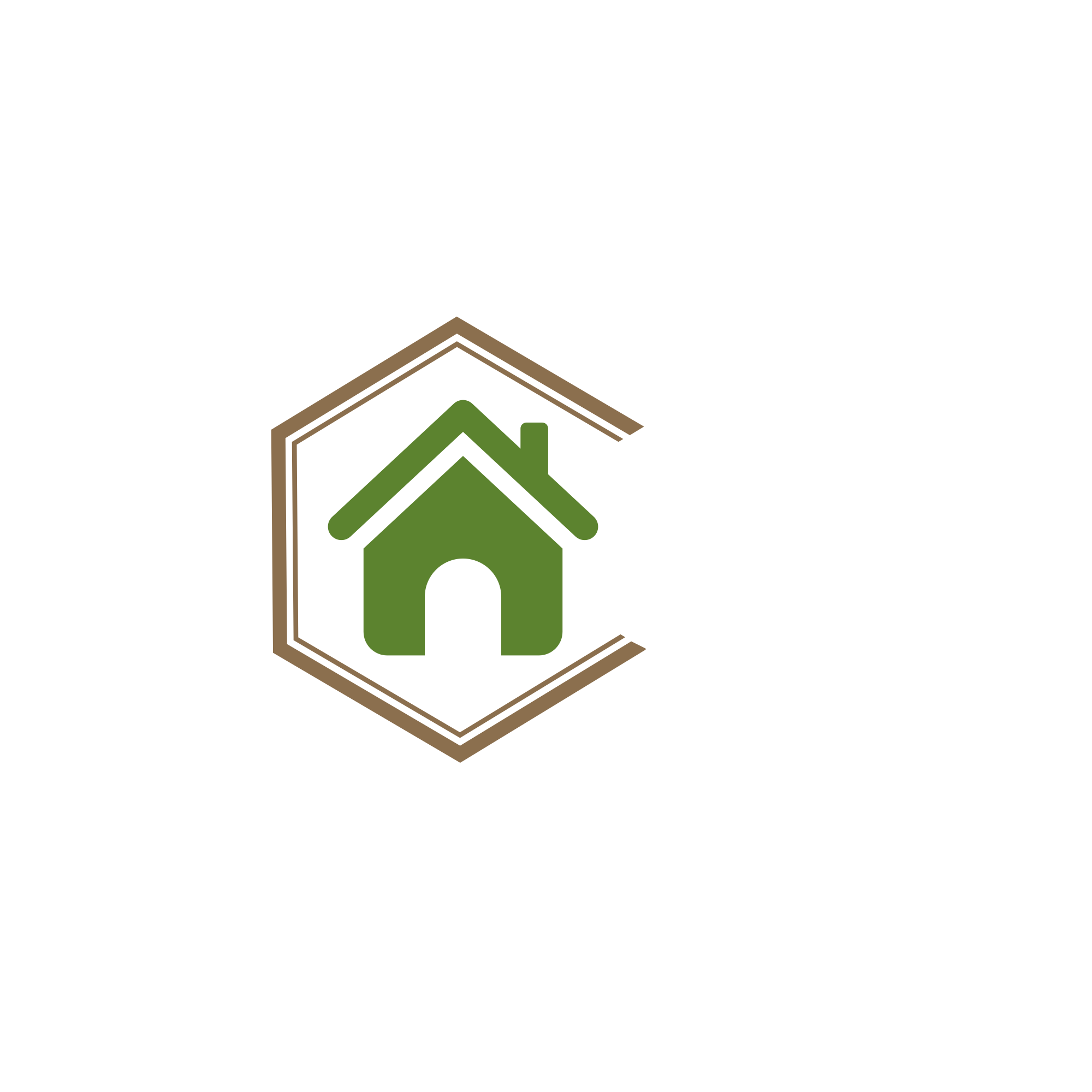 Logo for a roofing company featuring a green house inside a brown geometric shape resembling a hexagon, with the words 'Kraz Roofing' written beside.