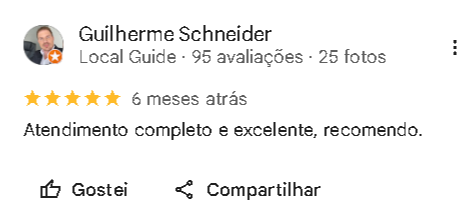 Screenshot of a Google review by Guilherme Schneider, rating five stars, praising the service as complete and excellent, posted six months ago.