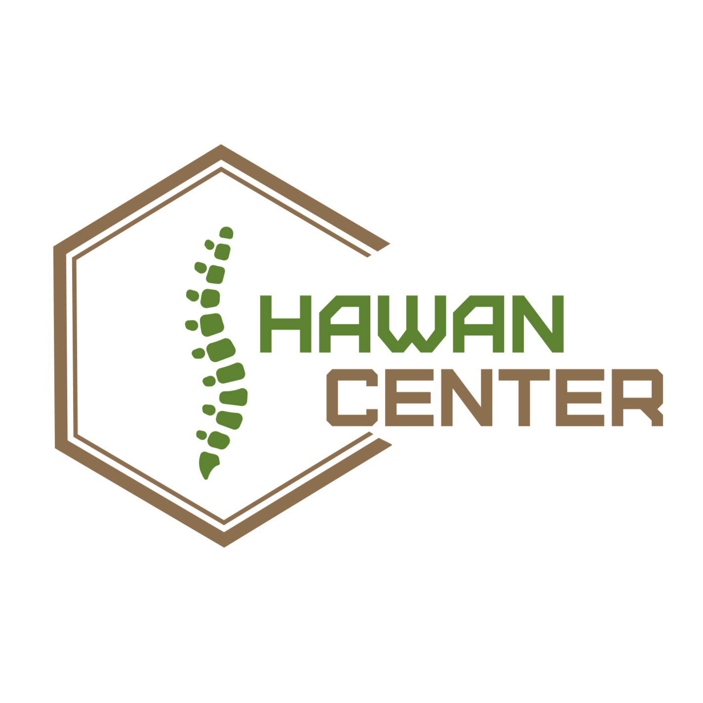 Hawan Center logo featuring a green stylized spine and a brown hexagon outline with text.