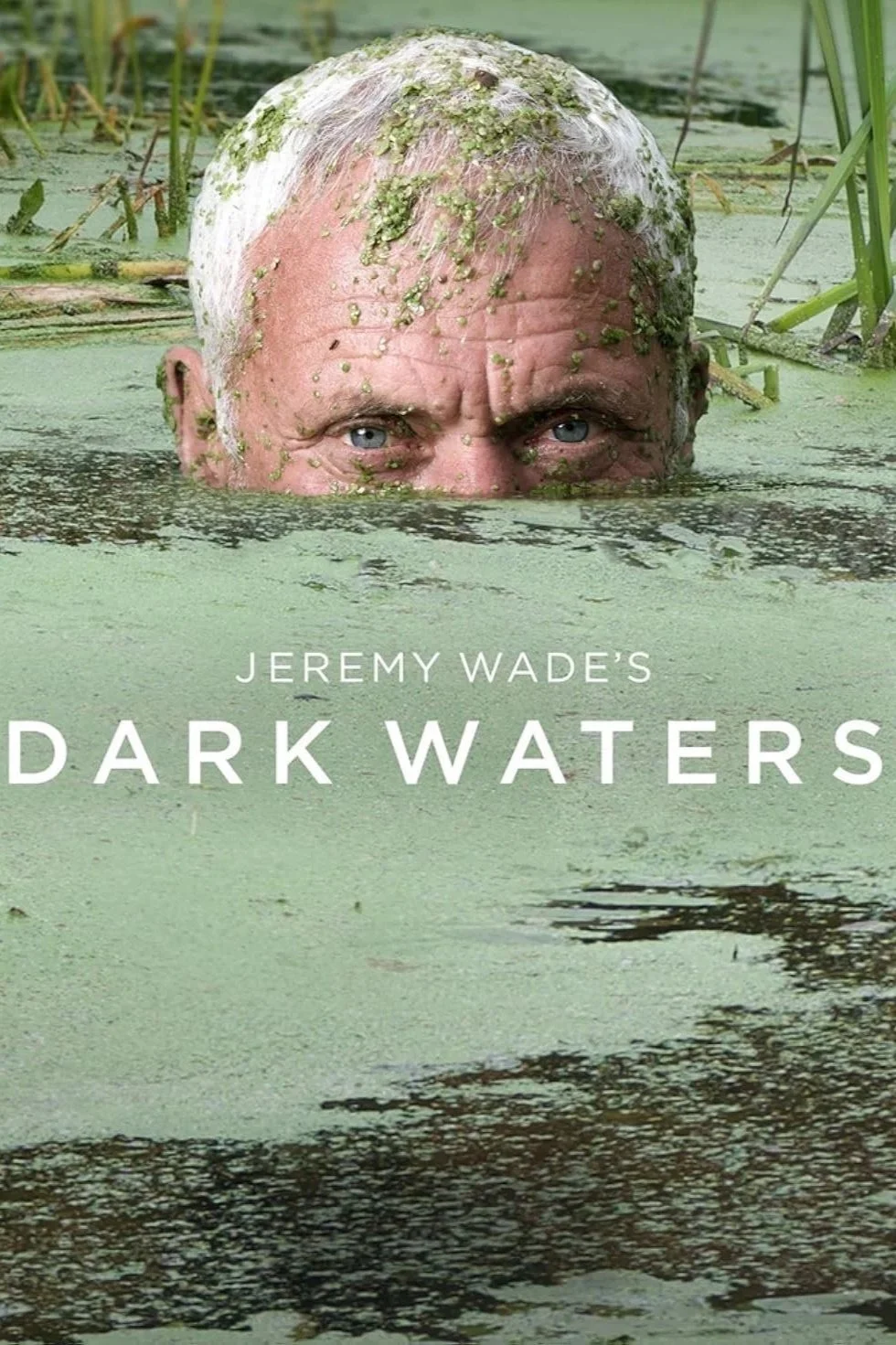 Close-up of Jeremy Wade's face partially submerged in green water with moss or algae on his head, with text 'Jeremy Wade's Dark Waters' as a title.