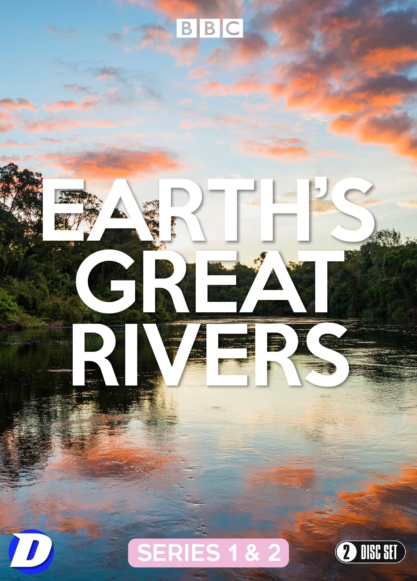 The DVD cover for BBC nature series Earth's Great Rivers. A scenic view of a river at sunset with a colourful sky with text overlay reading Earth's Great Rivers and the BBC.
