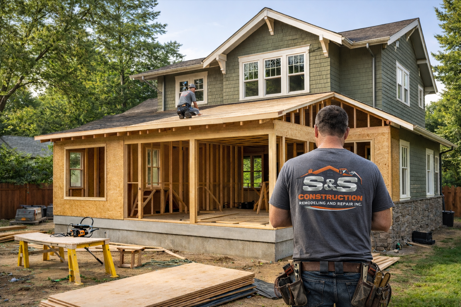 S&S Construction working on a 1st floor addition for an expanded kitchen.  Remodeling the existing kitchen and added more space for larger counter tops, an island, and more kitchen cabinets as well as a pantry.