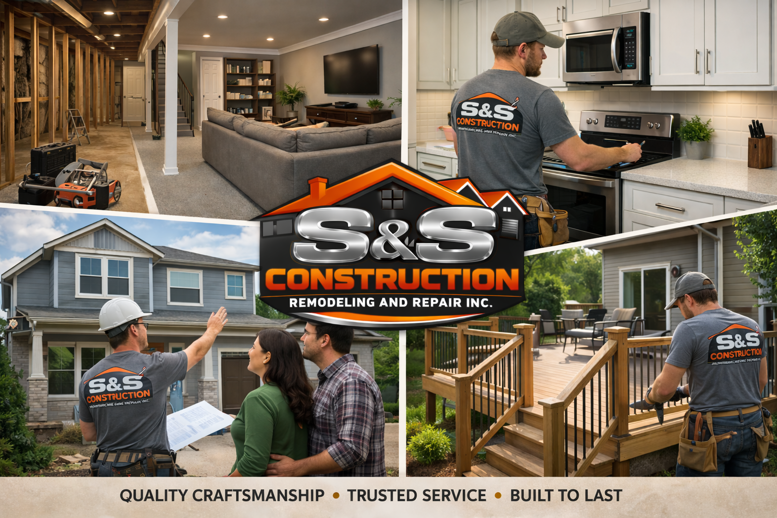 S&S Construction workers performing remodeling and repair. The top left is a new finished basement, the next picture is a kitchen remodel, and a new deck.