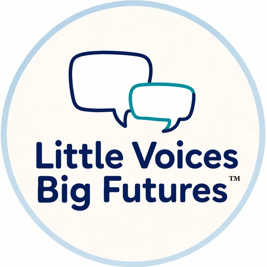 Logo with two speech bubbles and the text "Little Voices Big Futures" inside a circular border.
