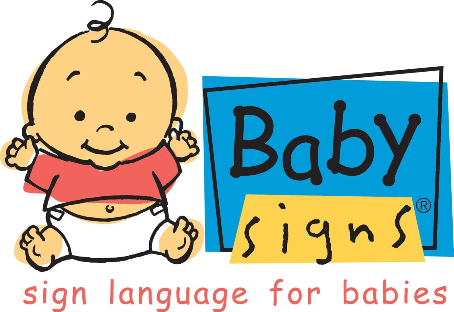 Cartoon of a smiling baby sitting in a diaper next to a sign that reads 'Baby signs' with the phrase 'sign language for babies' underneath.