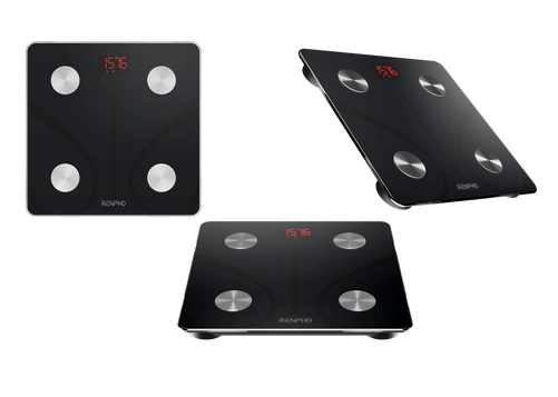 Three black digital kitchen scales with silver buttons and red LED displays showing weight measurements, positioned from different angles.
