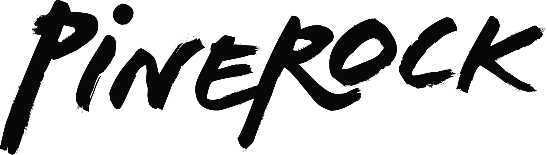The logo for Pinerock. Black handwritten text spelling 'Pinerock' on a transparent background.