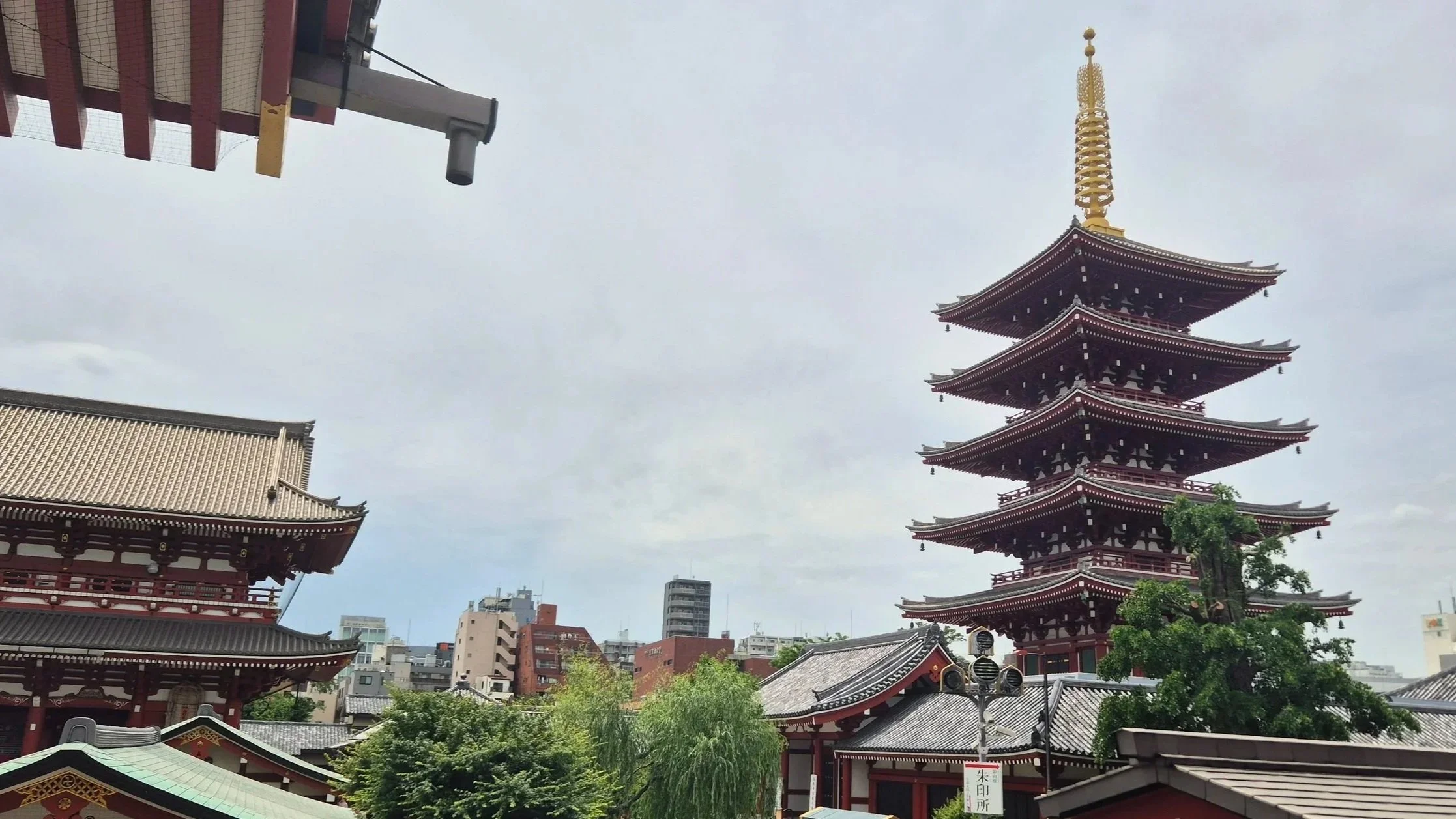 A traditional Japanese pagoda next to other buildings, with a cityscape of modern buildings in the background and an overcast sky.