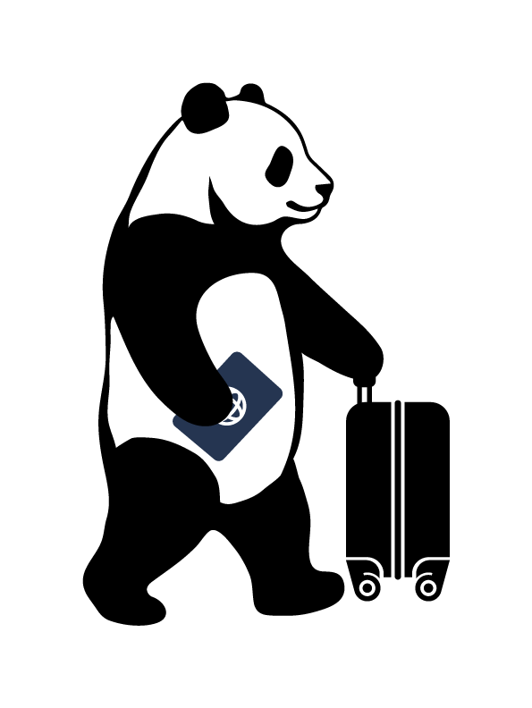 Illustration of a panda bear holding a smartphone and pulling a rolling suitcase, depicted in black and white with a minimalistic style.