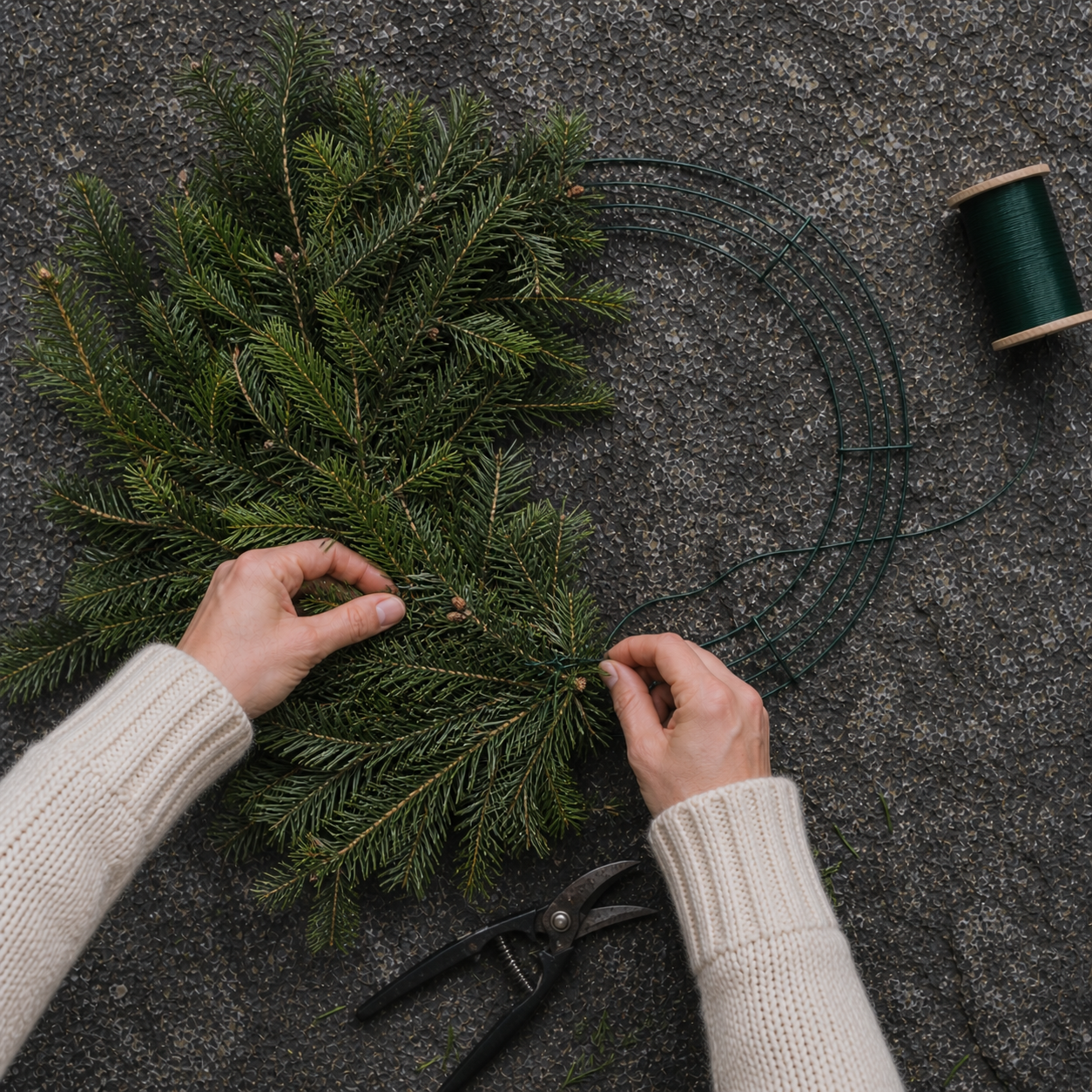 Person arranging evergreen branches on a wire frame wreath, with a spool of green ribbon and pruning shears nearby.