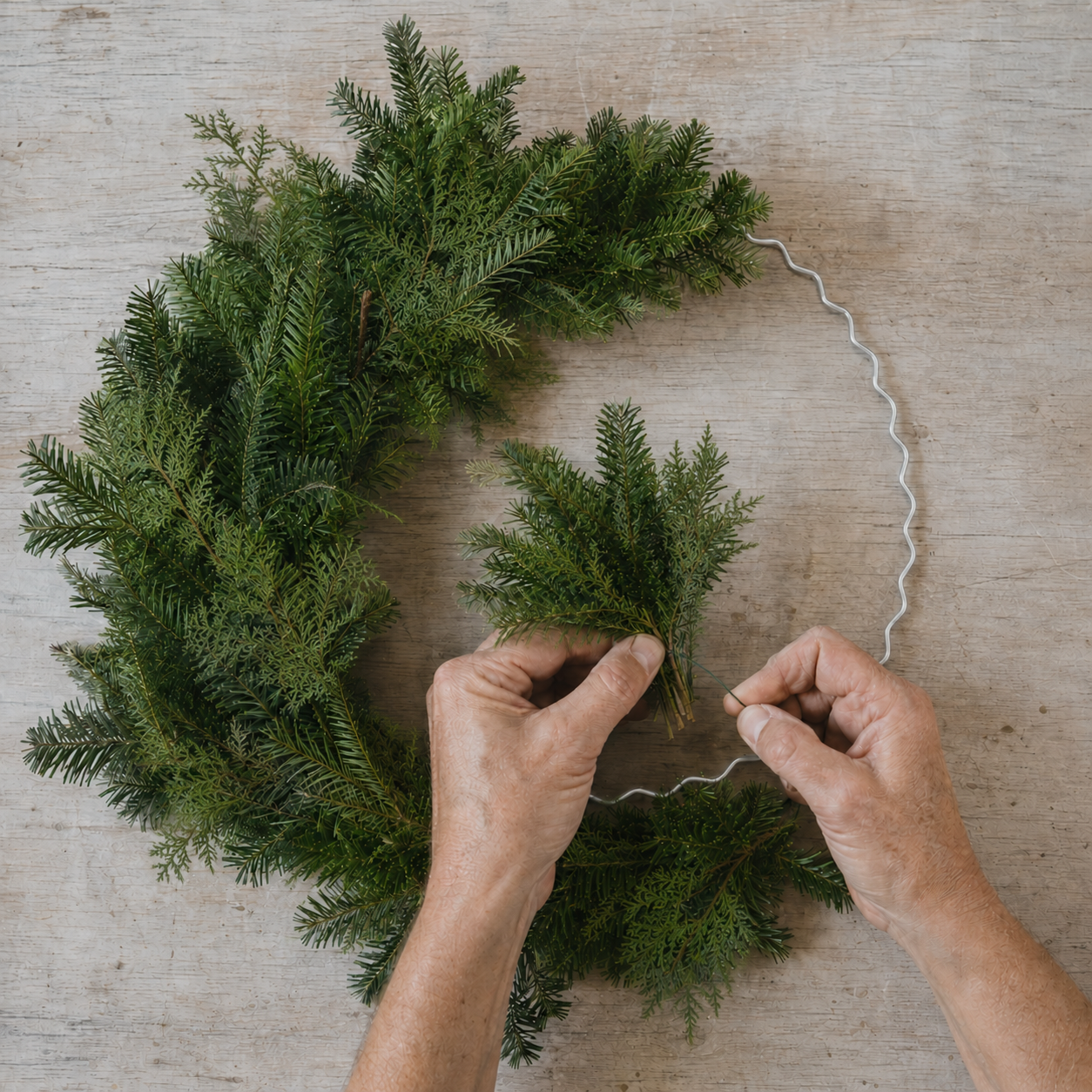 DIY balsam and cedar wreath kit greenery on a tabletop