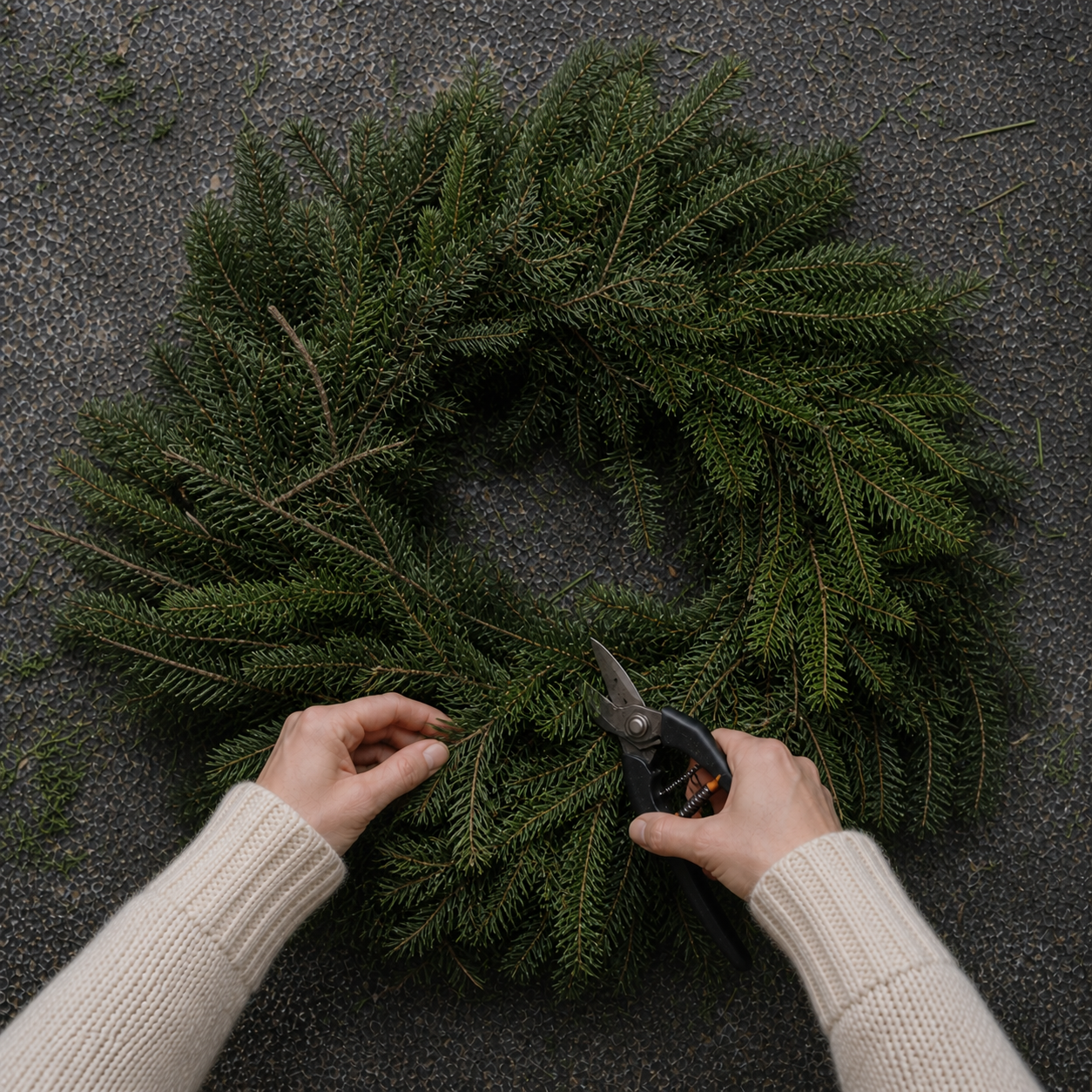 Person using pruning shears to trim a green holiday wreath made from evergreen branches on a textured surface.
