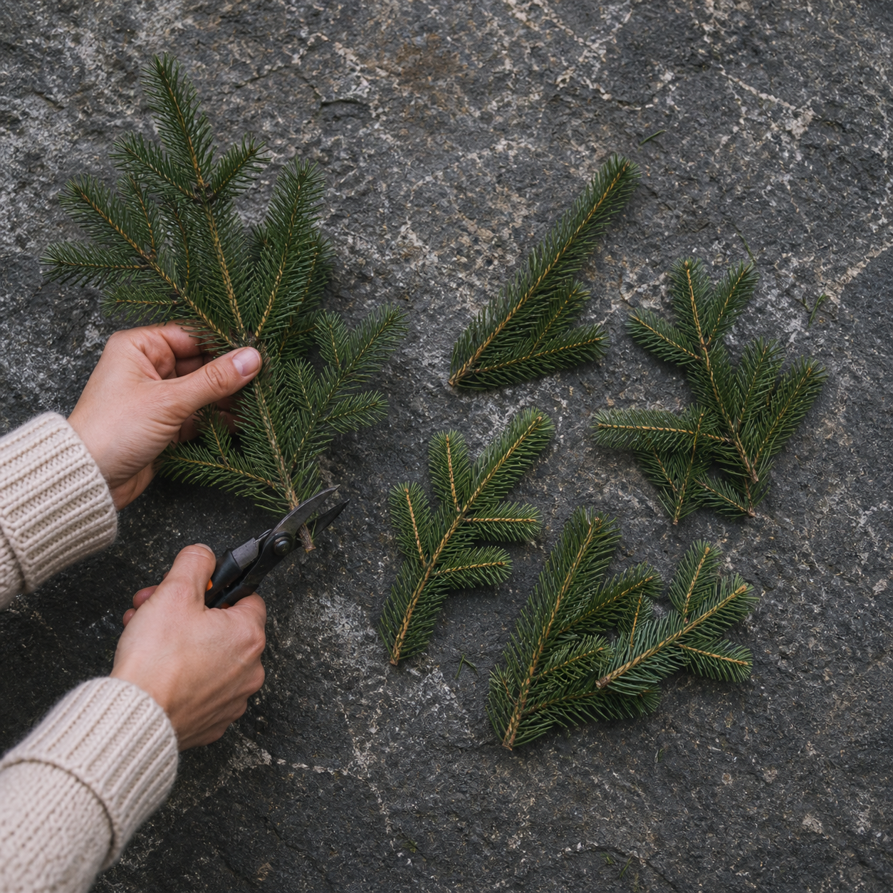 A person cutting fresh pine branches with pruning shears on a dark stone surface, with several pine branches laid out.