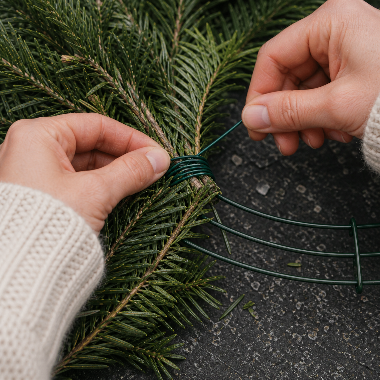 A person is assembling a Christmas wreath using wire and pine branches on a dark surface.