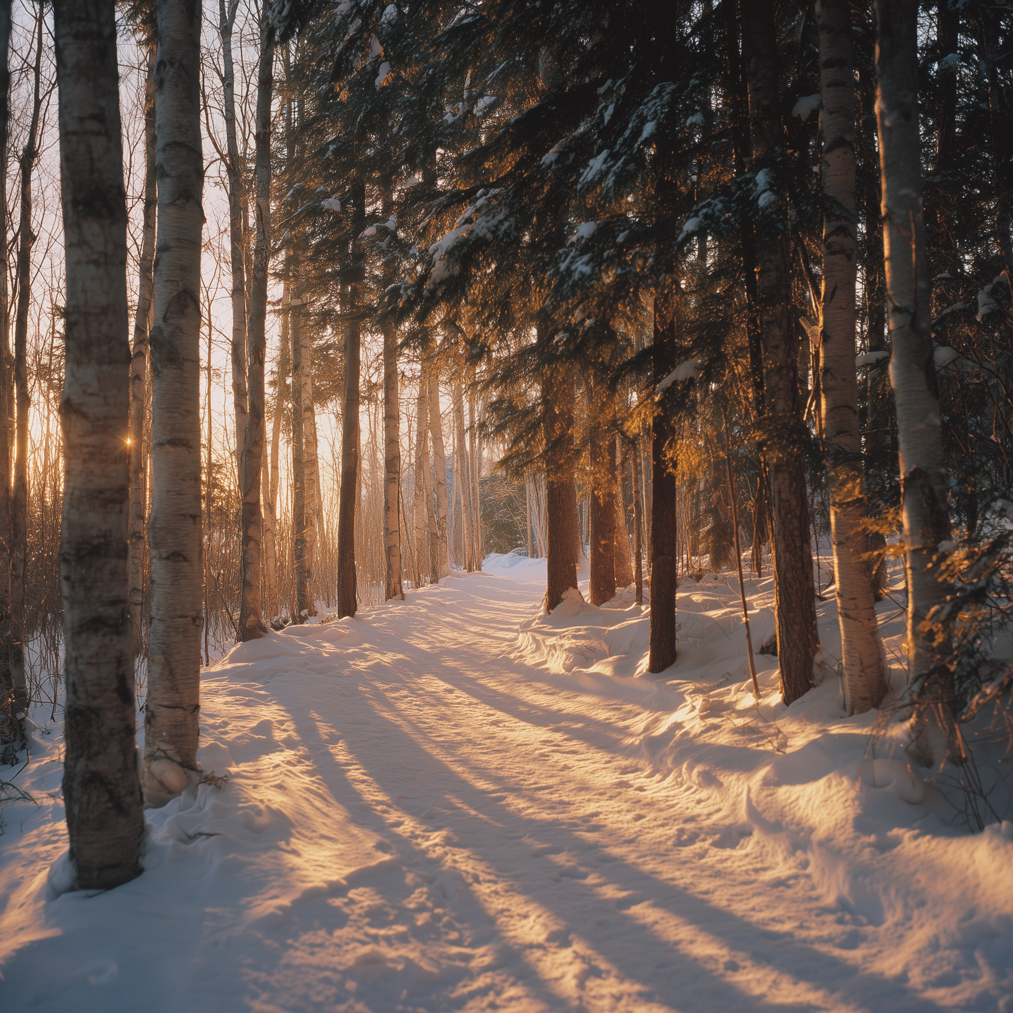 Sunset over a snowy winter forest with tall bare trees and some snow-covered branches, low winter sun casting long shadows on the snow.