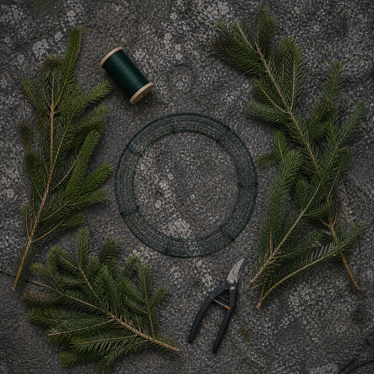Scattered green pine branches, a wire wreath frame, a spool of green floral wire, pruning shears, and floral wire on a textured dark surface.
