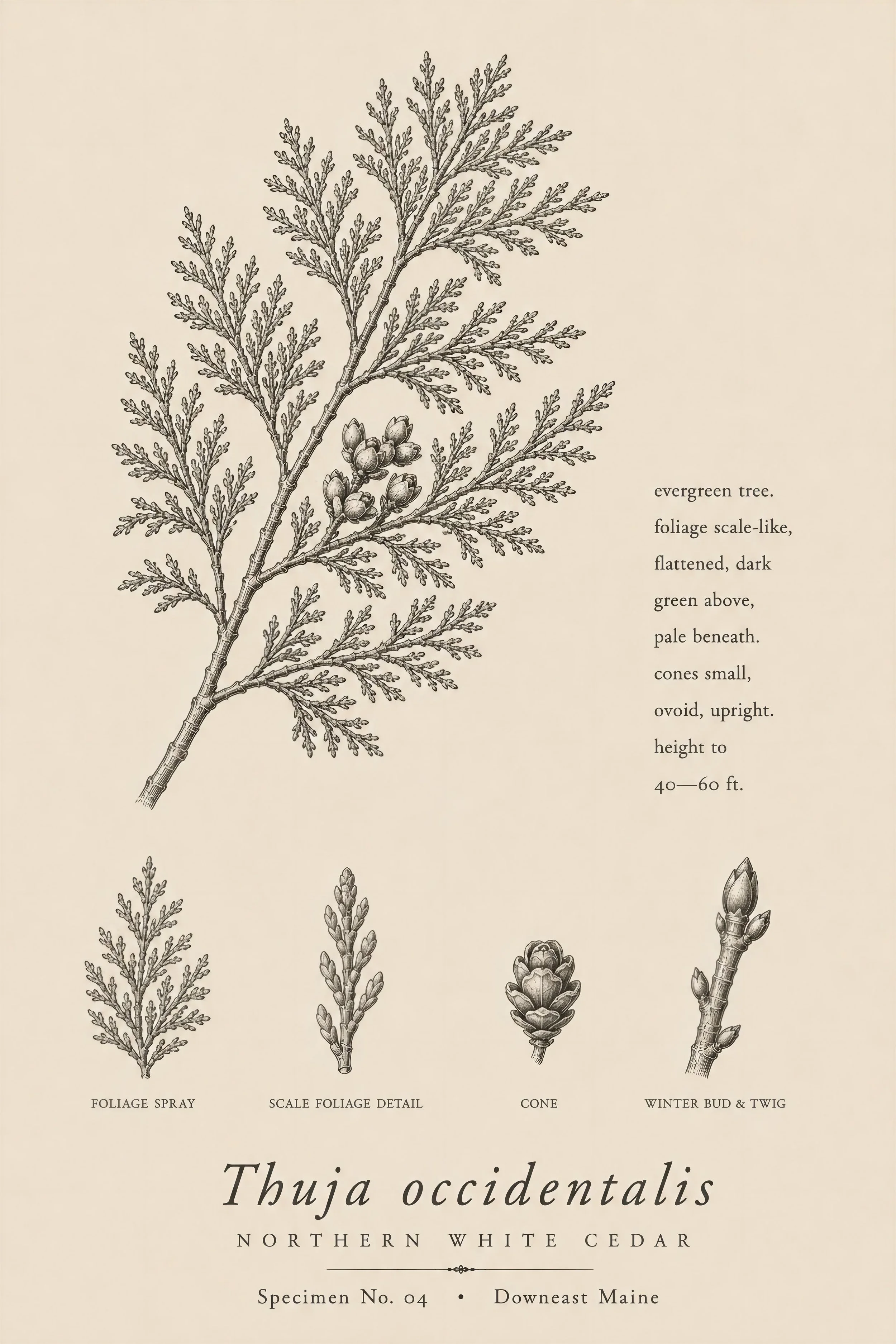 Northern white cedar botanical specimen print from the Woodland Studies collection, featuring Thuja occidentalis foliage, cones, buds, and twig details.