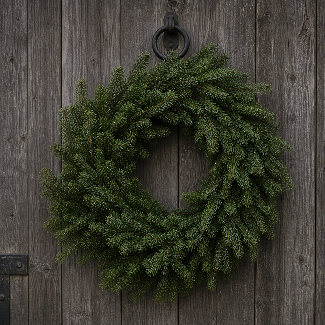 Green Christmas wreath made of pine branches hanging on wooden wall.
