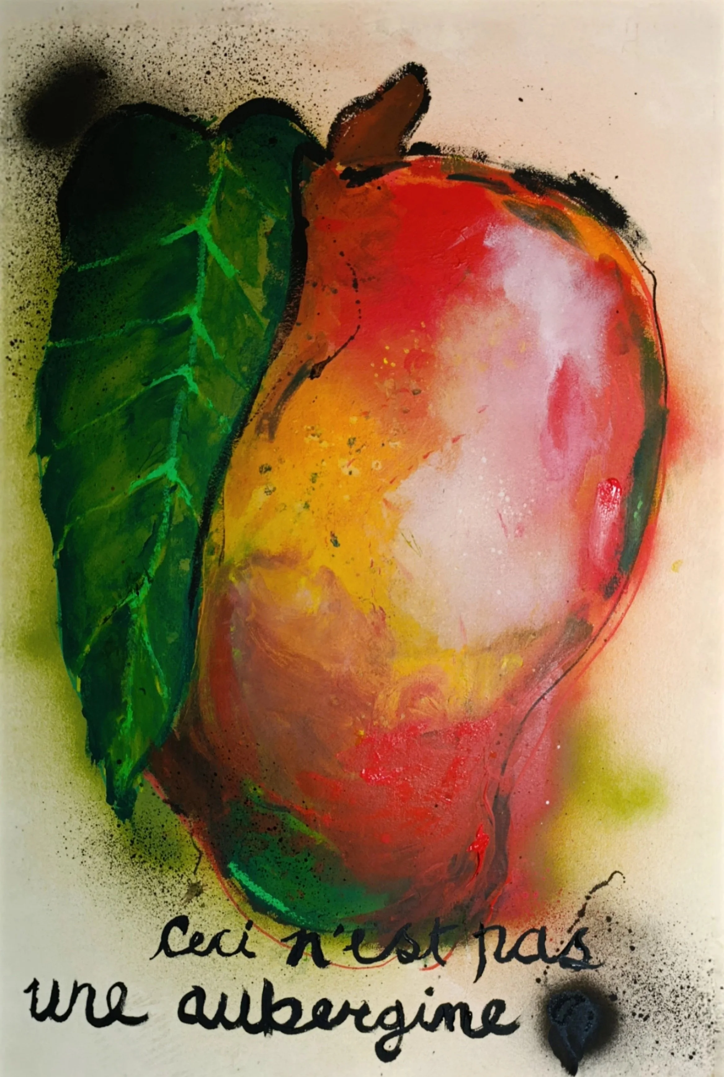 "Not an Eggplant" 53 × 78 cm
Spray paint, acrylic, tempera sticks on paper (Sold)