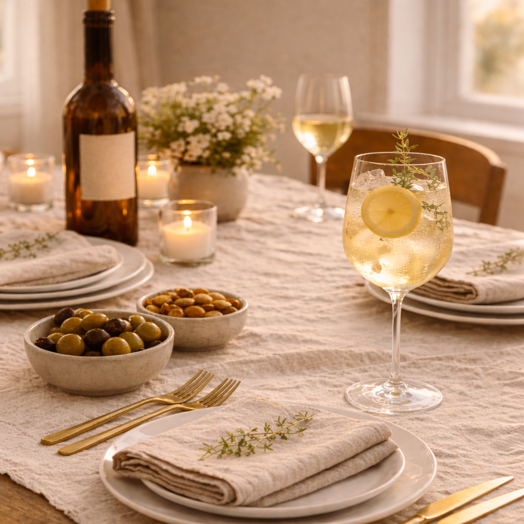 A beautifully set dining table with candles, a bowl of olives, a glass of white wine, a glass of lemon-infused sparkling water, and a centerpiece of white flowers in a vase.