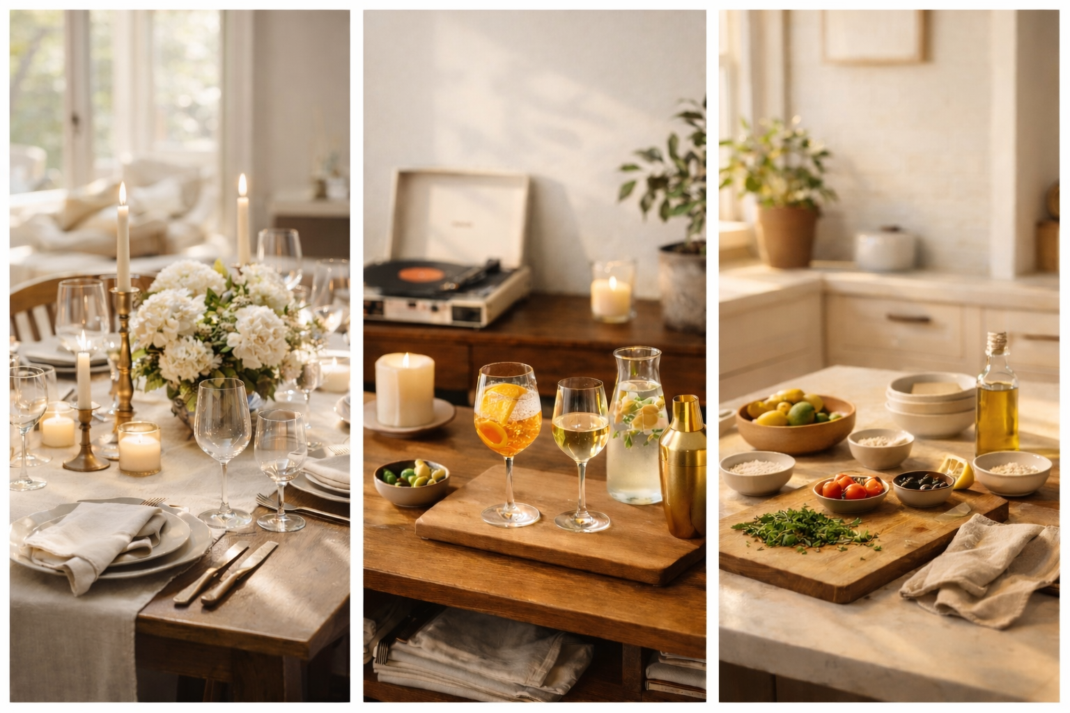 Three different tables set for a meal: the first with a floral centerpiece, candles, and place settings, the second with drinks and candles, and the third with bowls of food, fresh herbs, and a bottle of olive oil, all in a cozy, well-lit home interior.