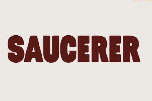Close-up of the word "SAUCERER" written in large, bold, brown letters on a light background.