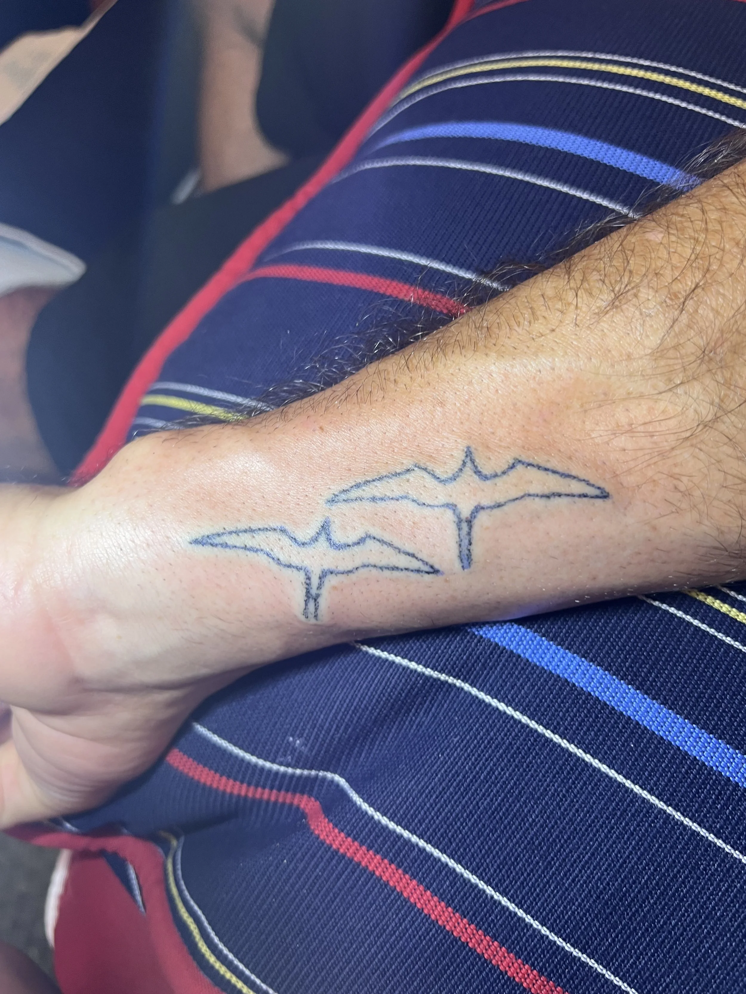 A person's arm with a tattoo of two bats on the forearm, resting on their lap. The person is wearing blue and red clothing with colorful stripes.