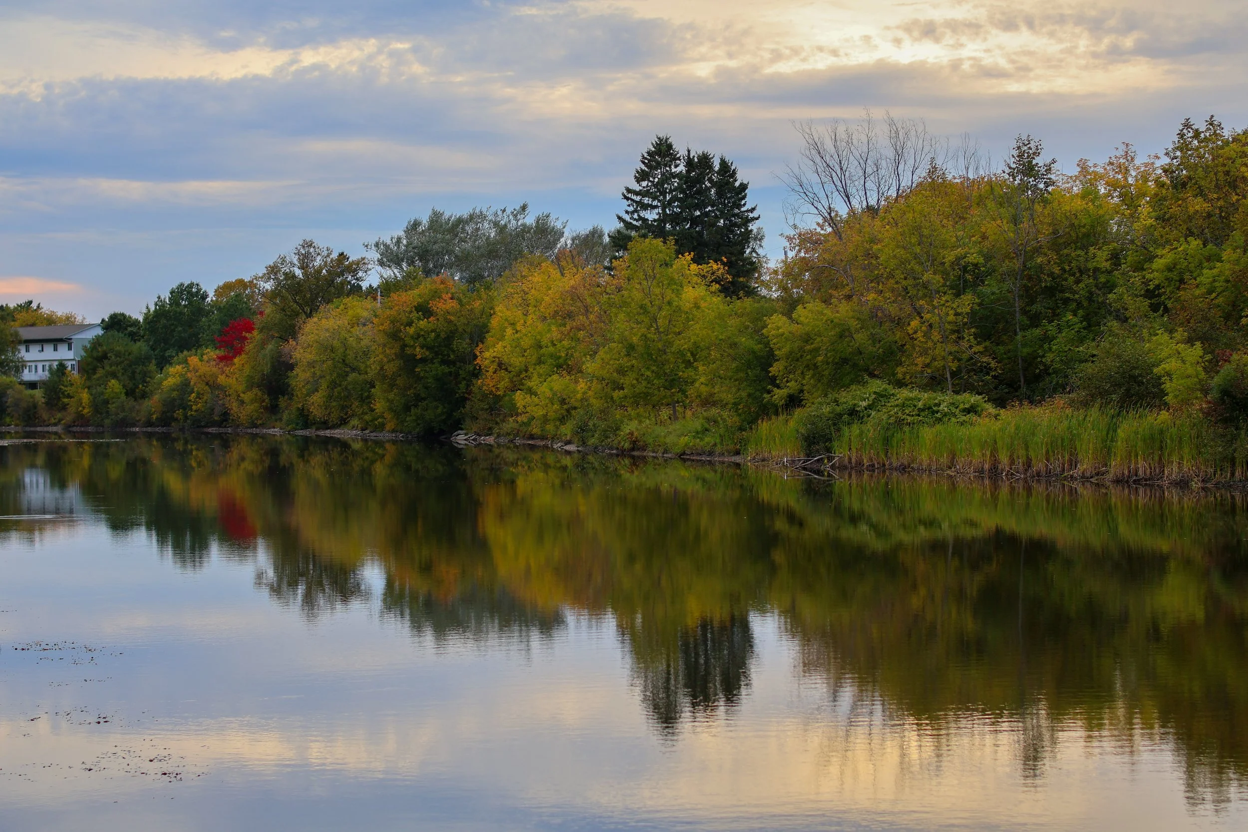 A calm river reflecting colorful autumn trees along the shoreline, with a cloudy sky overhead and a house partially visible on the left side.