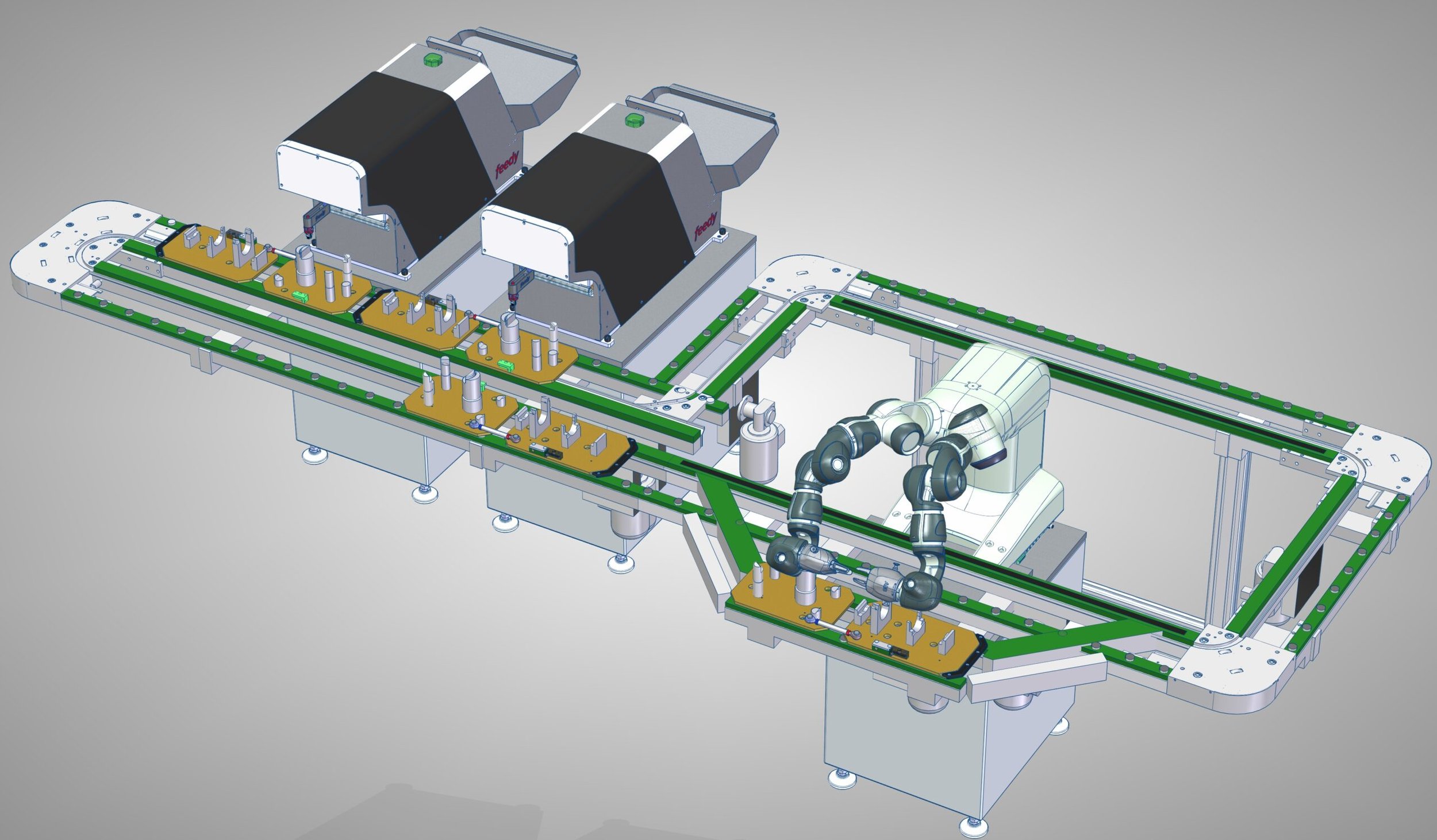 Diagramm einer Industrieautomationsanlage mit Förderbändern, Robotern und Steuerungskomponenten