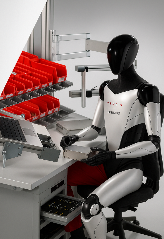 Ein humanoider Roboter mit schwarz-weißem Design arbeitet an einem Werkstatttisch mit roten Aufbewahrungsboxen und Werkzeugen.