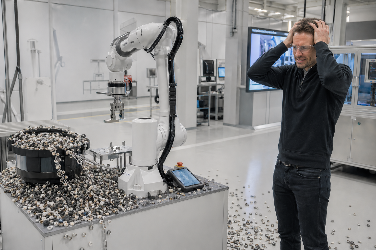 Ein Mann in Schutzbrille steht vor einem Roboterarm in einer Fabrik, der mit abgelegten Versicherungsanhängern arbeitet. Auf dem Tisch liegen viele überquillende Teile aus dem Zuführtopf.