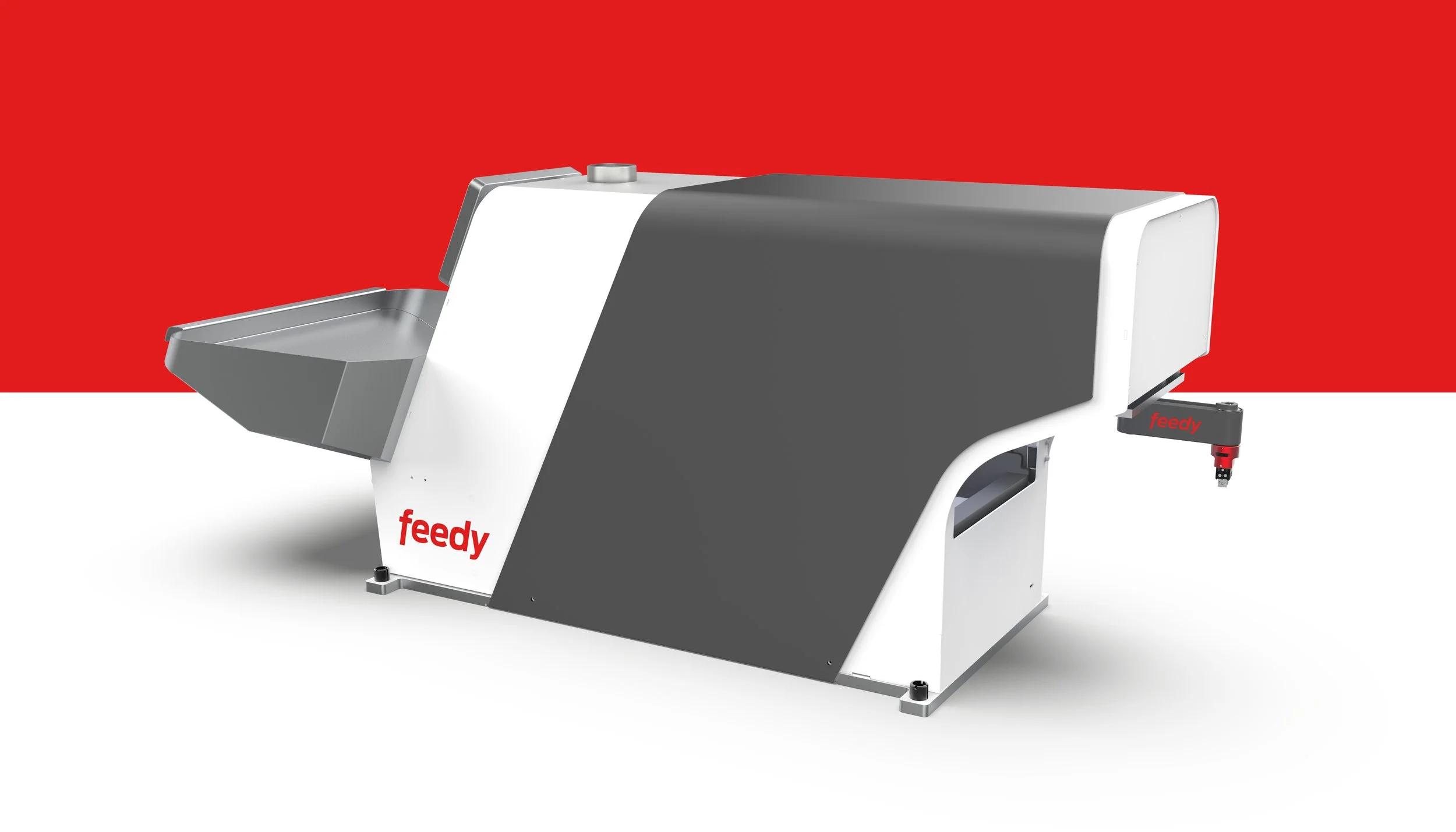 Ein moderner, automatischer Fleischschneider mit der Aufschrift 'feedy' auf der Seite, vor einem roten Hintergrund.
