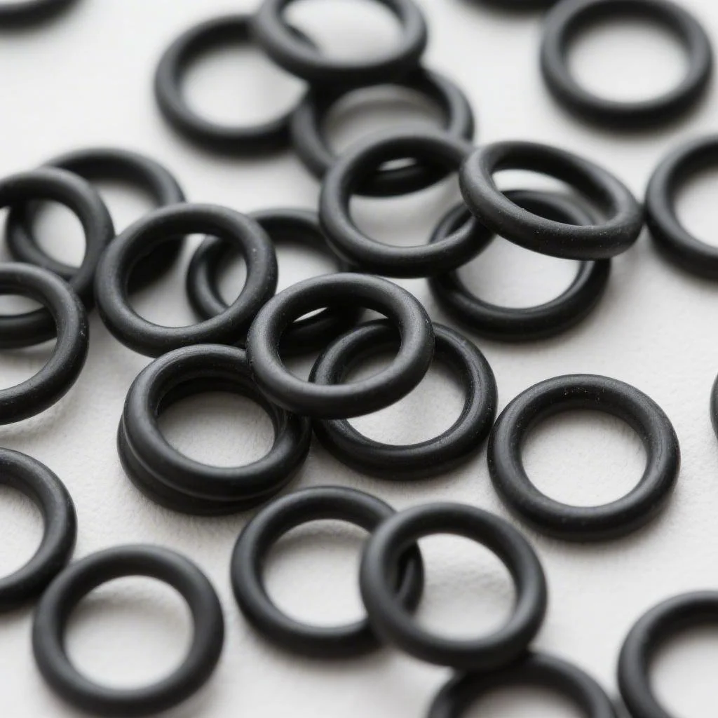 Schwarze Gummidichtungen oder O-Ringe auf weißem Hintergrund verteilt.