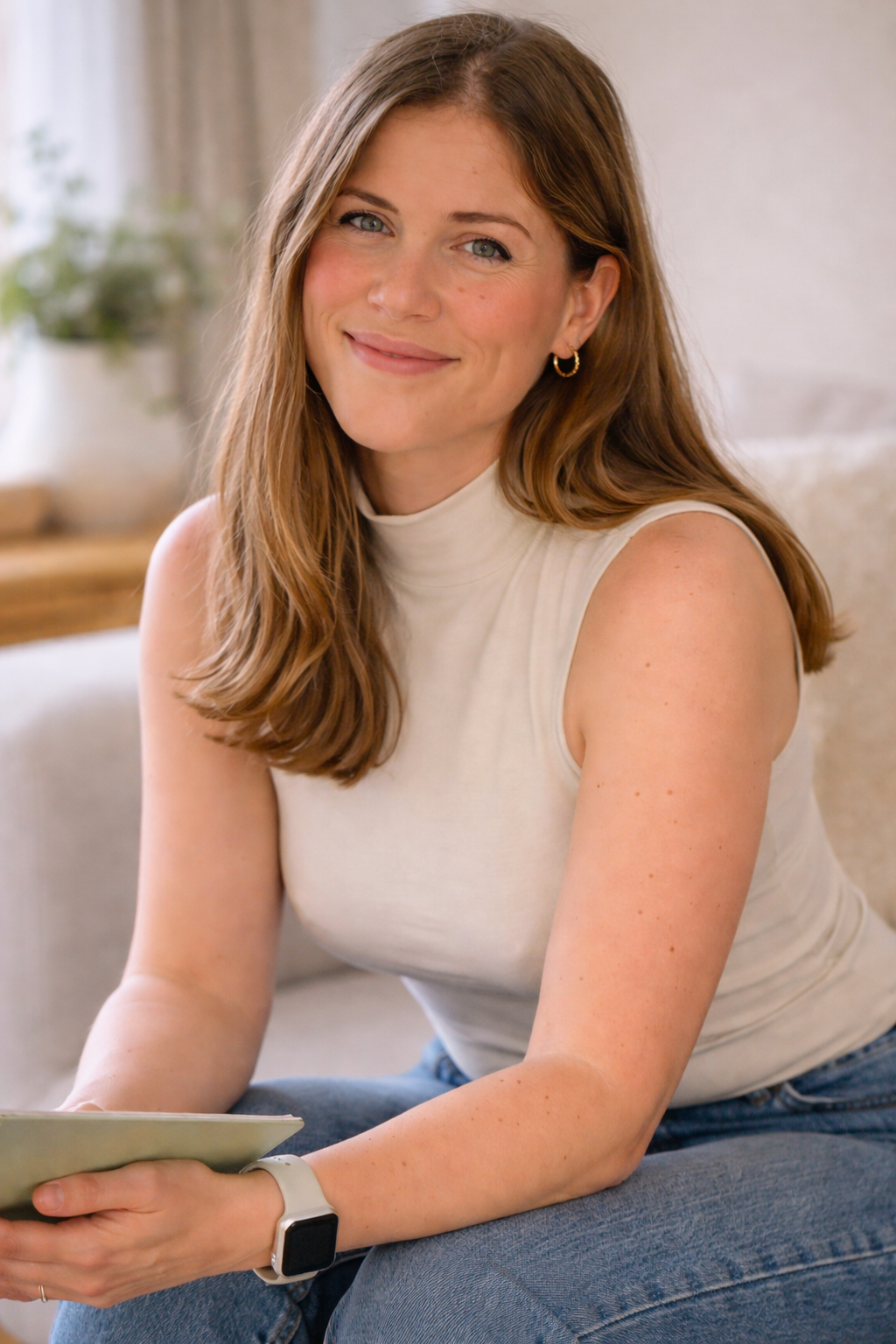 A woman with long brown hair and blue eyes smiling at the camera, sitting on a couch in a well-lit room, holding a tablet, wearing a sleeveless white turtleneck top and a smartwatch.