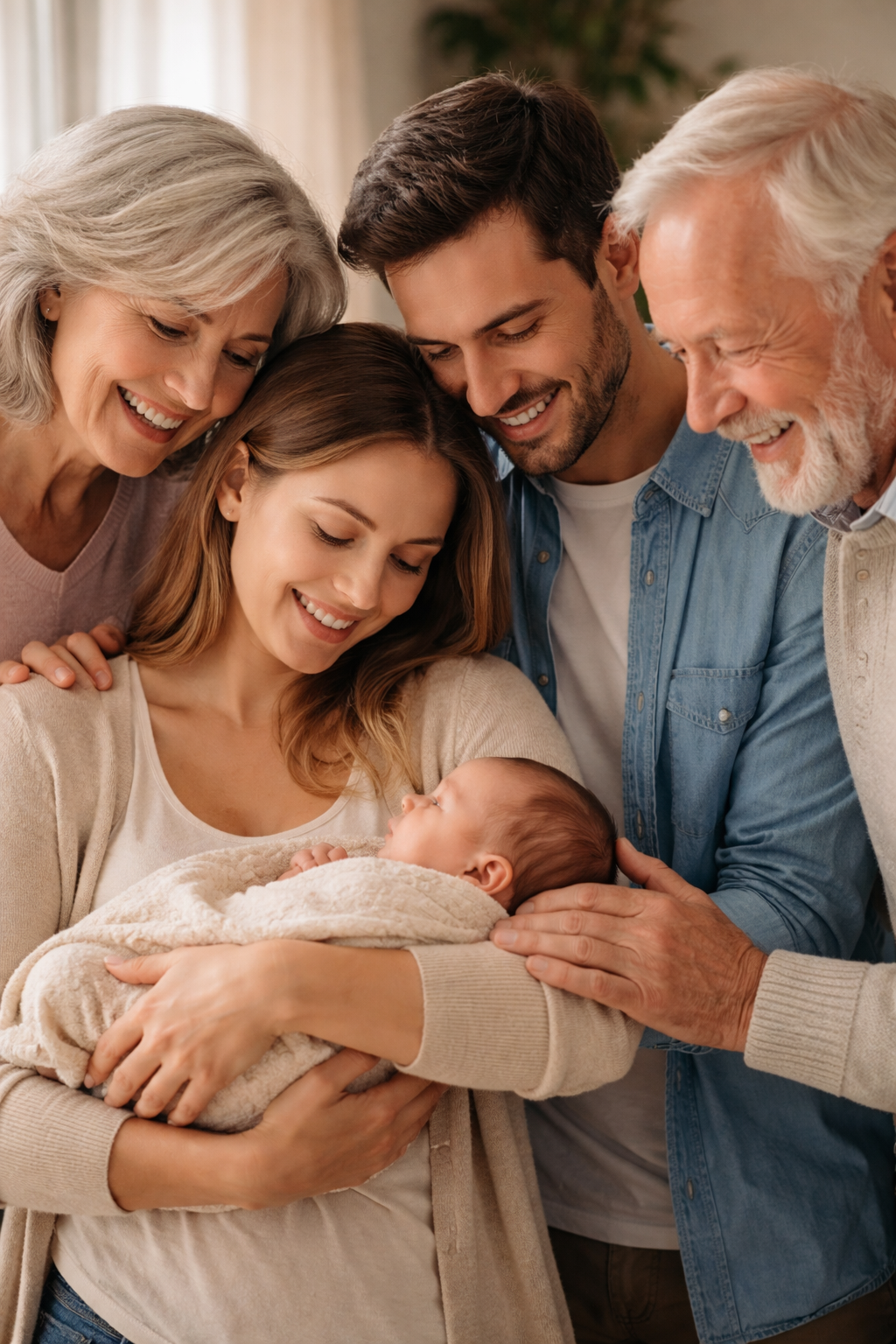 Family gathered around a newborn baby, smiling and showing affection in a cozy indoor setting.