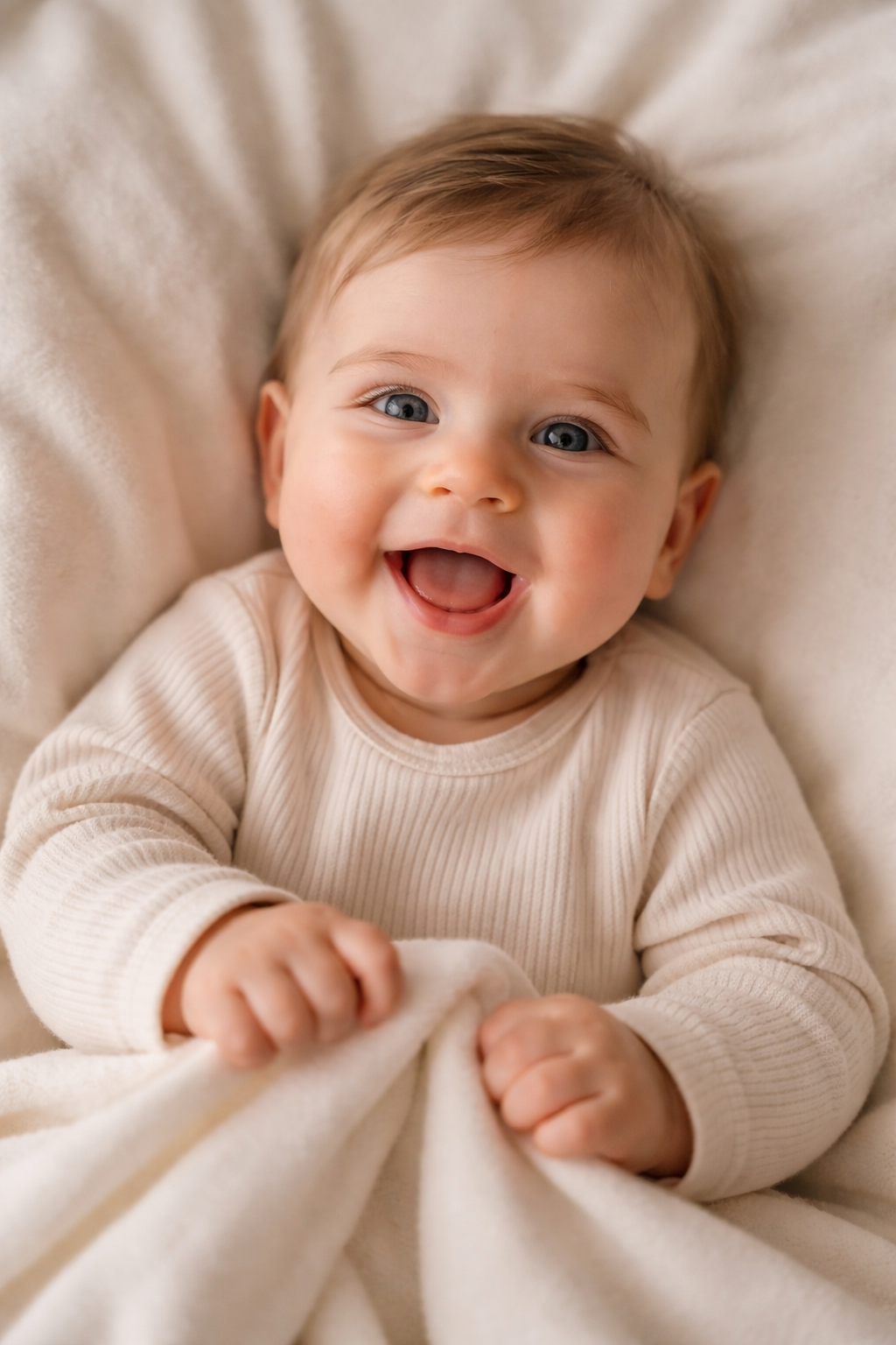 A smiling baby with blue eyes and light brown hair lying on a cream-colored blanket, wearing a long-sleeve beige shirt.