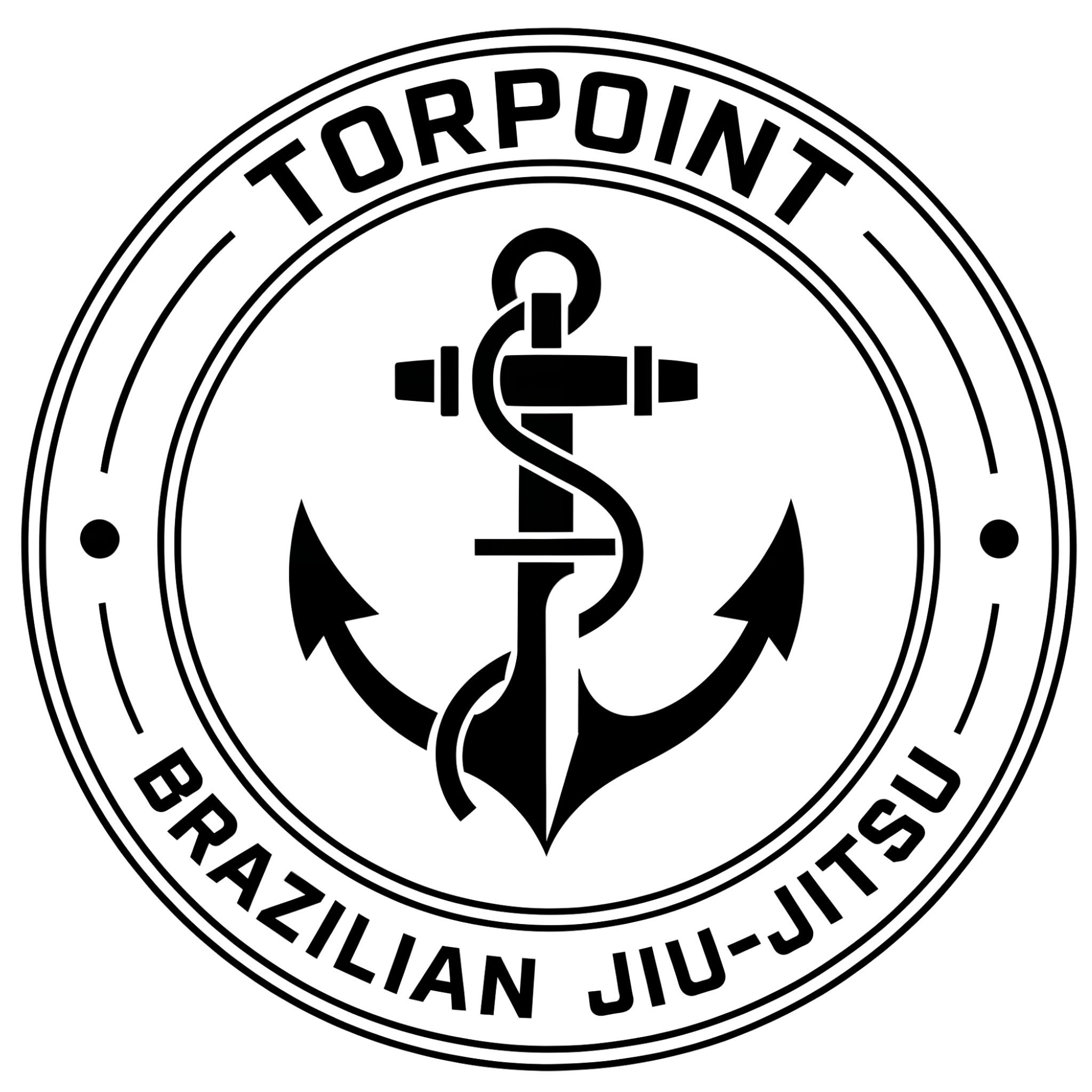Image of a black circle with lines , a royal navy anchor and integrated royal marines dagger. Representing Torpoint Brazilian Jiu-jitsu - a club run by serving military and veterans.