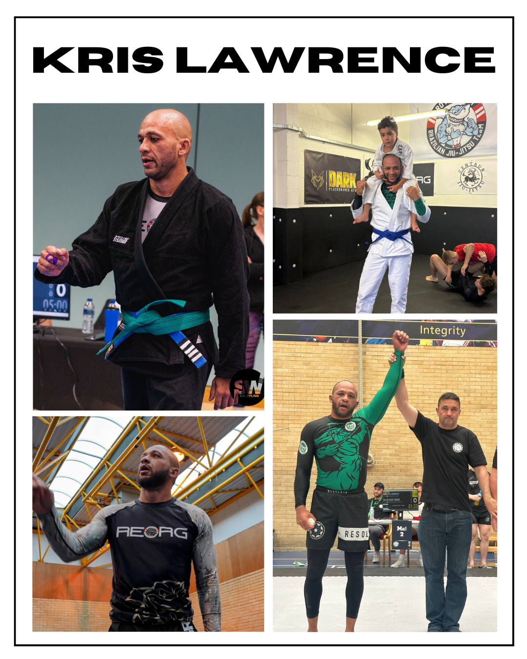 Compilation of four images of male Brazilian Jiu-Jitsu practitioners in different settings, including training, competition, and award ceremonies, with one child on a man's shoulders in a gym.