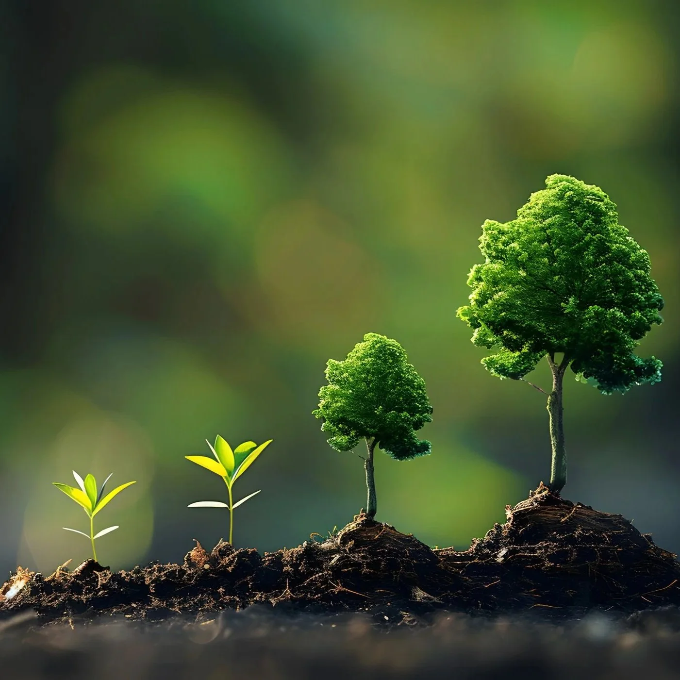 Sequence of four trees at different growth stages from small sprout to large mature tree, planted in soil.