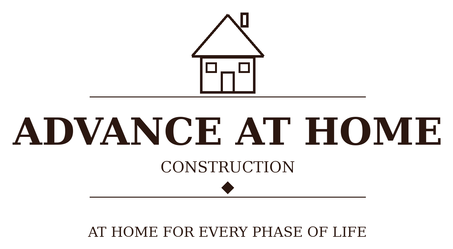 Logo for 'Advance at Home Construction' featuring a simple outline of a house with a gabled roof above the text, which includes the company name and slogan 'At Home for Every Phase of Life'.