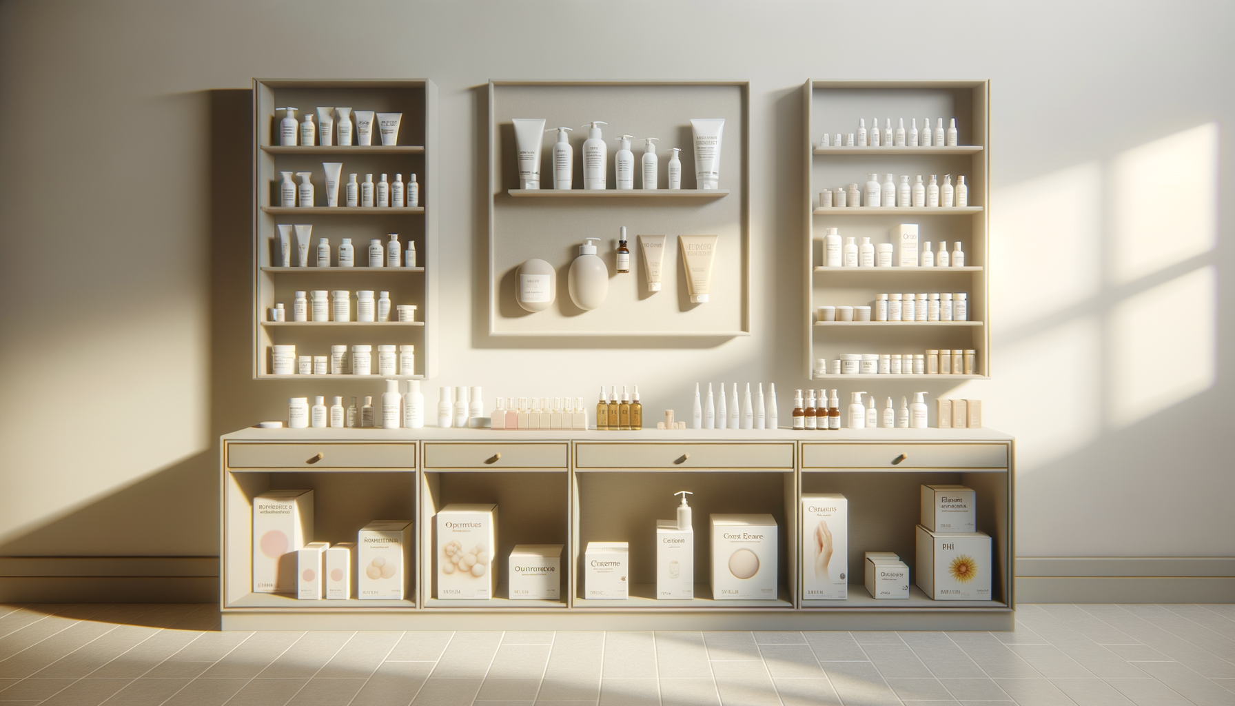 Display of skincare products on beige shelves and cabinets in a sunlit room.