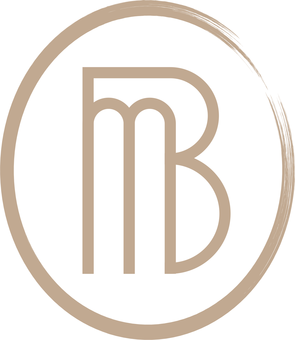 A circular logo with the letters 'mB' in the center, outlined in beige against a black background.